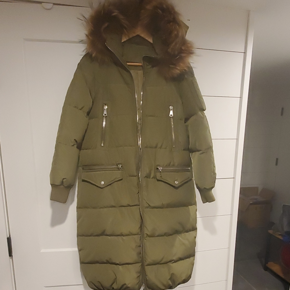 Womens long army green parka with real fur trim